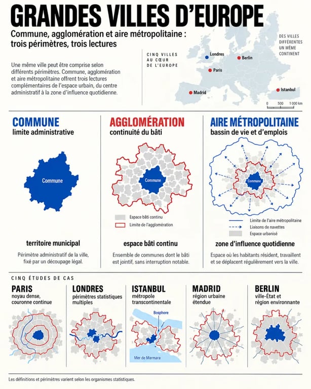 Infographie sur une grande ville d’Europe et les différences entre commune, agglomération et aire métropolitaine