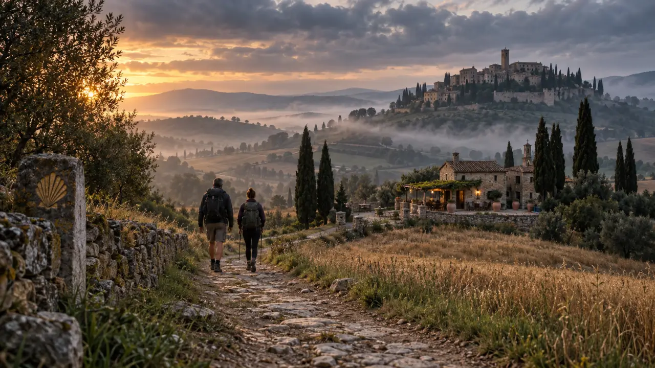 Chemin de la Via Francigena traversant un paysage rural italien