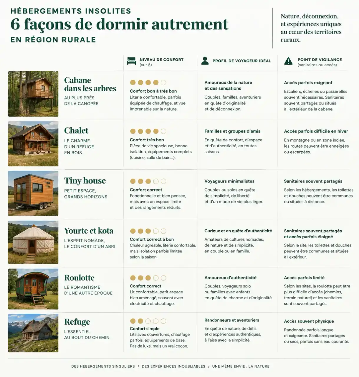 Comparatif visuel des types d'hébergements insolites dans les régions rurales d'Europe : cabane, chalet, tiny house, yourte, roulotte et refuge