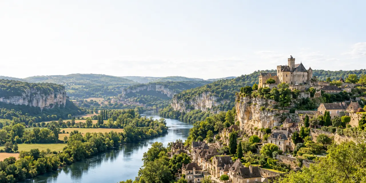 Paysage emblématique du département de la Dordogne tourisme avec rivière, falaises et château médiéval