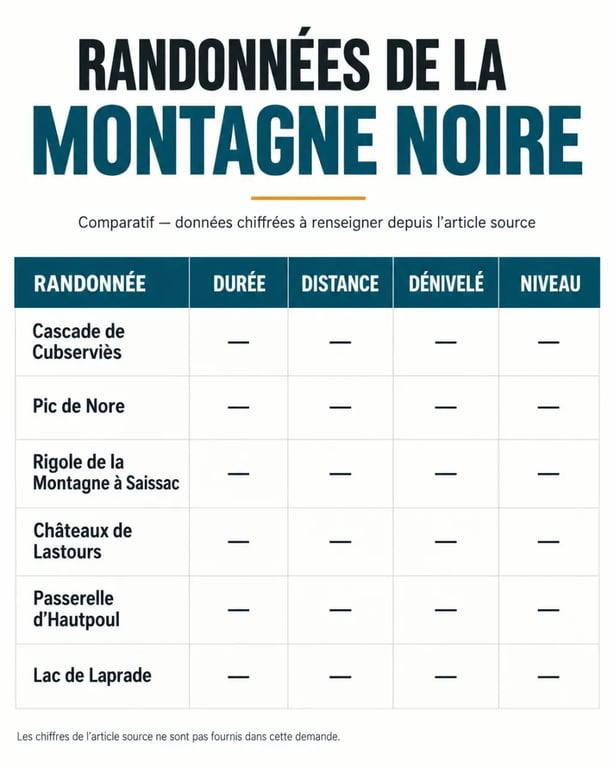 Infographie comparative des randonnées montagne noire avec durée distance dénivelé et difficulté