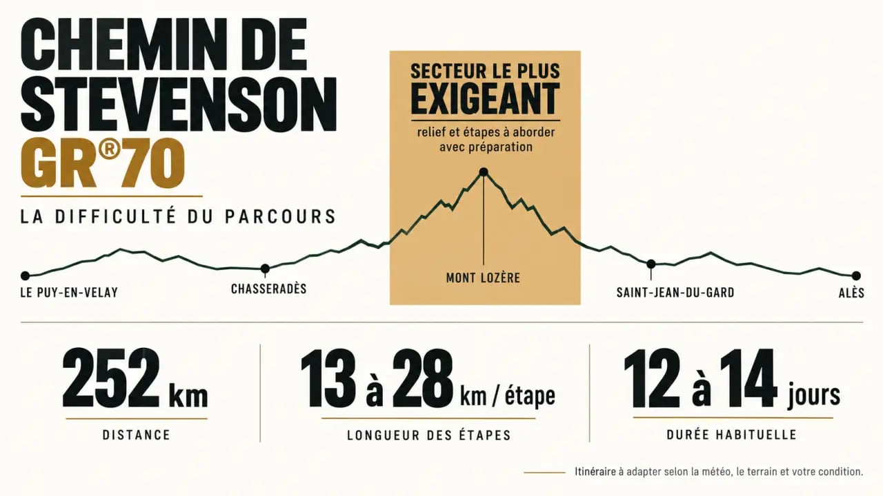 Infographie sur la difficulté du chemin de Stevenson GR70, ses étapes et le secteur du Mont-Lozère