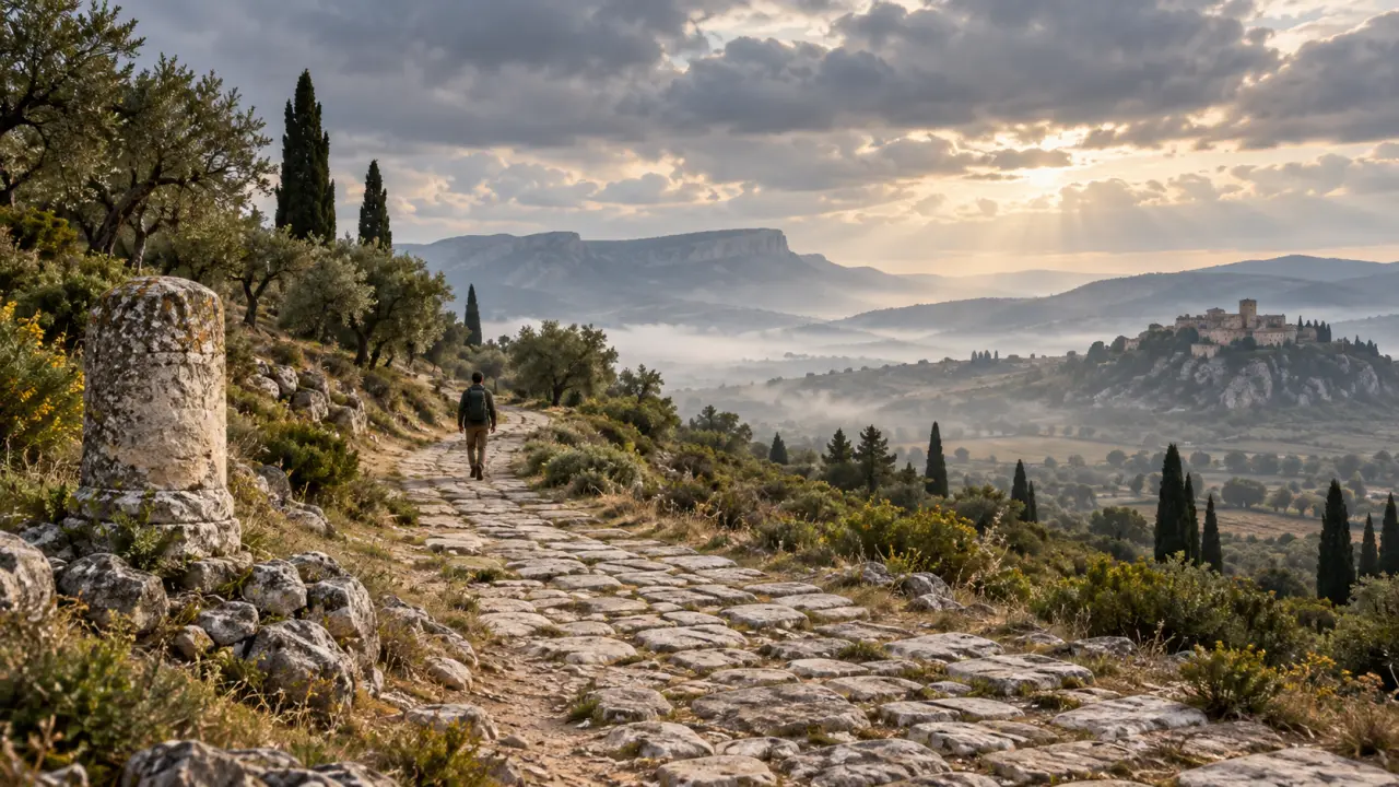 Ancien chemin de la Voie Domitienne dans les paysages méditerranéens