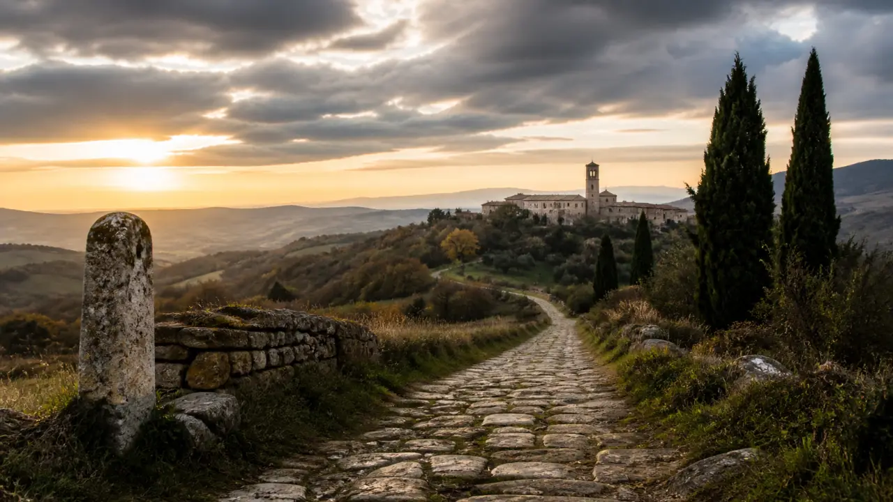 Ancien chemin pavé de la Via Francigena traversant une forêt brumeuse à la lumière du matin