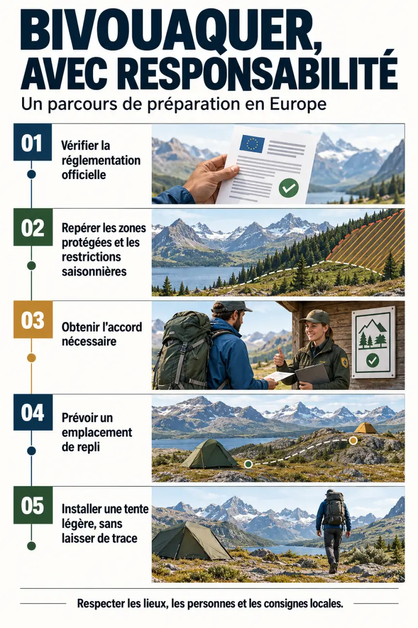 Illustration pour comprendre comment s'organiser pour faire du camping sauvage dans les régions d'europe, de la vérification des règles au démontage du bivouac