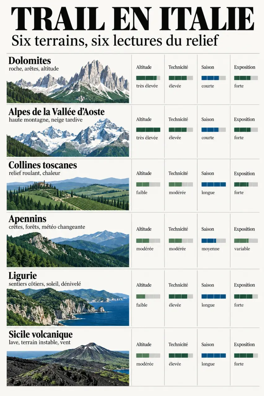 Trail Italia : comparaison visuelle des terrains et des saisons selon les régions italiennes