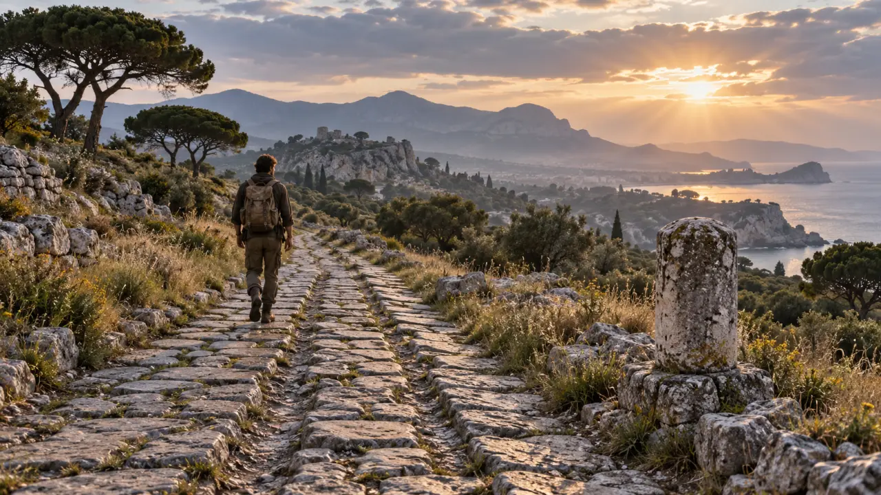 Ancienne voie romaine traversant les paysages méditerranéens du sud de la France
