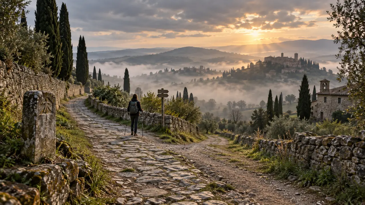 Ancien chemin de pèlerinage traversant un paysage vallonné sur la Via Francigena