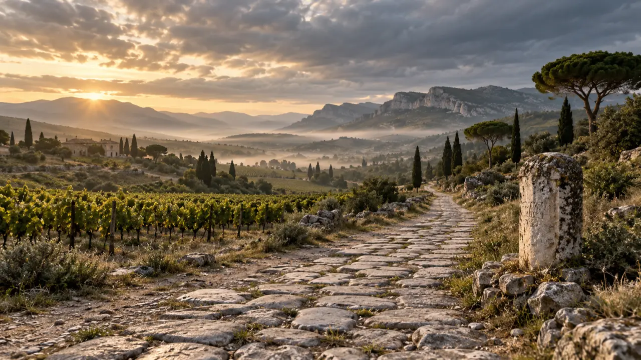 Ancienne voie romaine dans le sud de la France, bordée de garrigue
