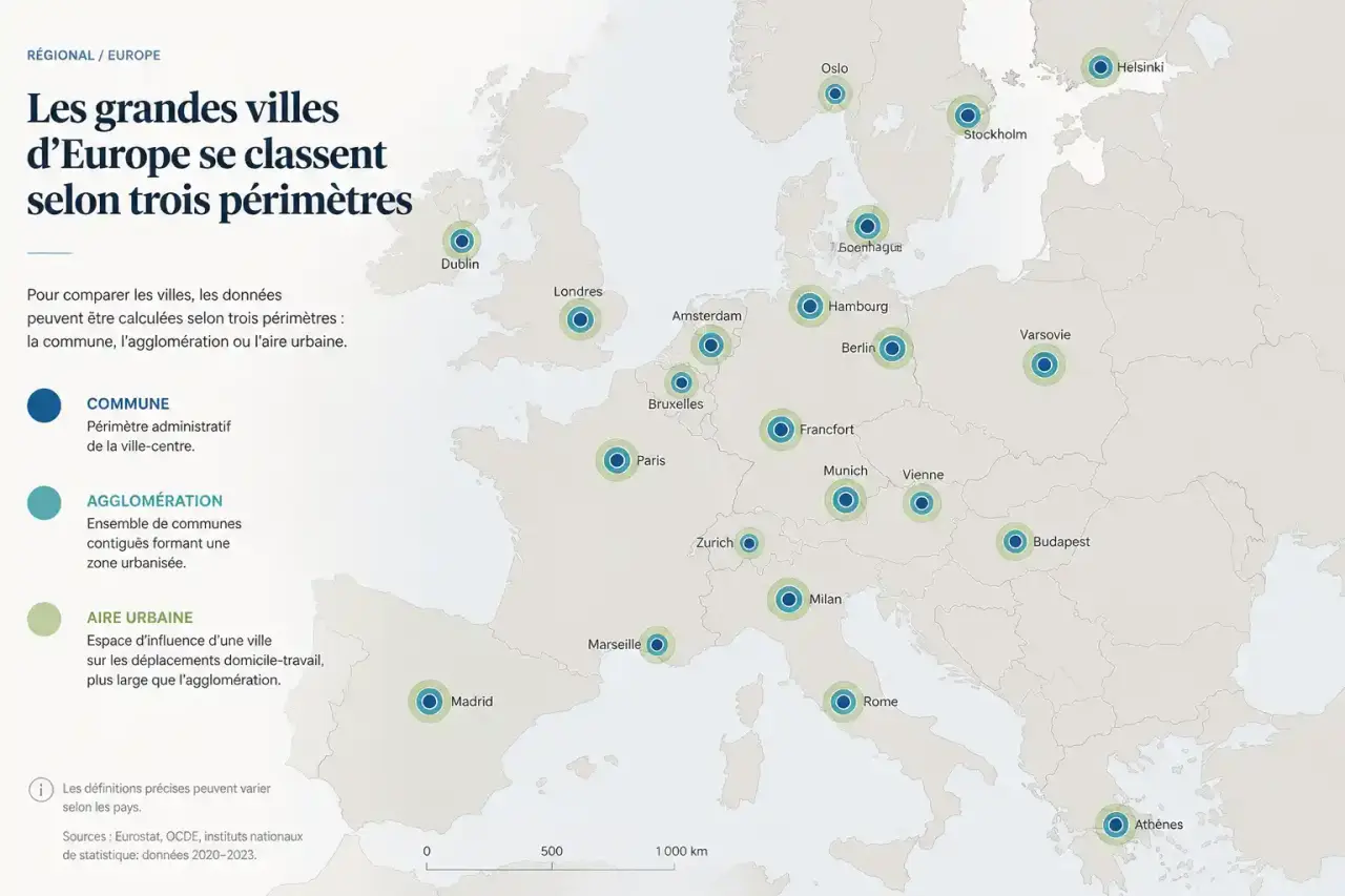 Les grandes villes d’Europe se classent selon trois périmètres : commune, agglomération ou aire urbaine