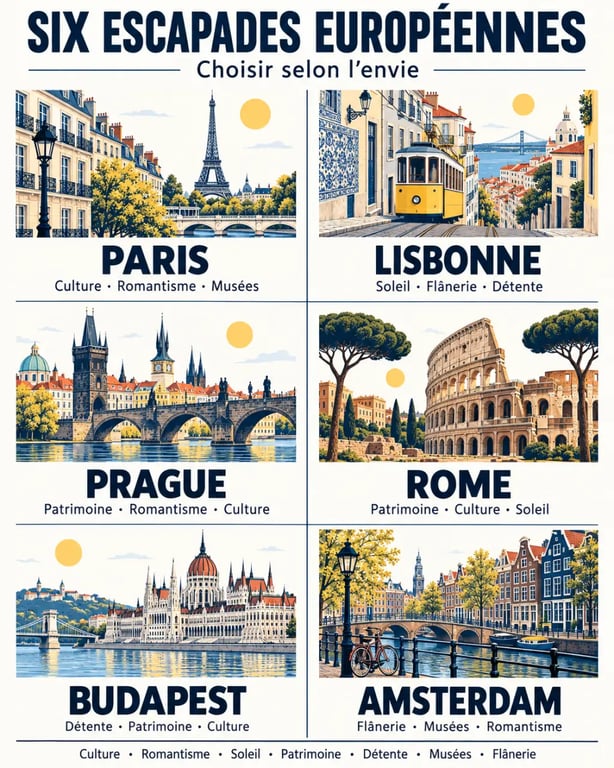 Comparatif visuel pour choisir la plus belle ville d’Europe entre Paris, Lisbonne, Prague, Rome, Budapest et Amsterdam