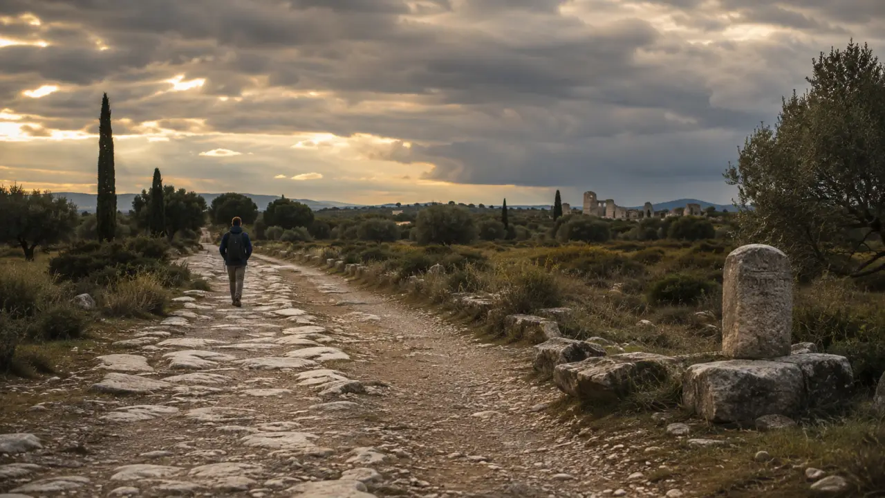 Ancienne route romaine sous la brume, dans une atmosphère historique et contemplative