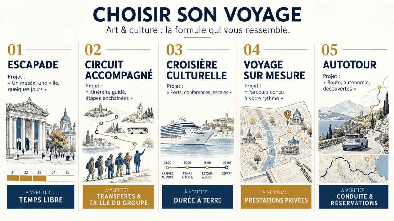 Voyage art et culture : comparaison visuelle des formules de séjour culturel et des points à vérifier