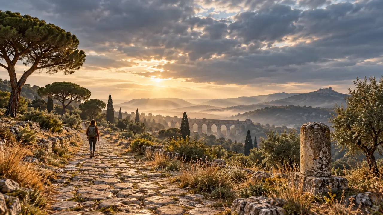 Ancienne voie romaine traversant les paysages méditerranéens du sud de la France