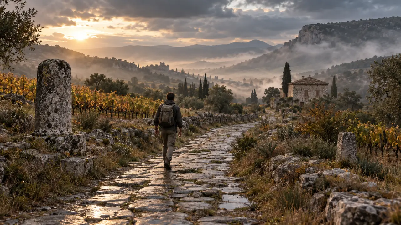Ancienne voie pavée dans le paysage méditerranéen, sur le tracé de la Via Domitienne