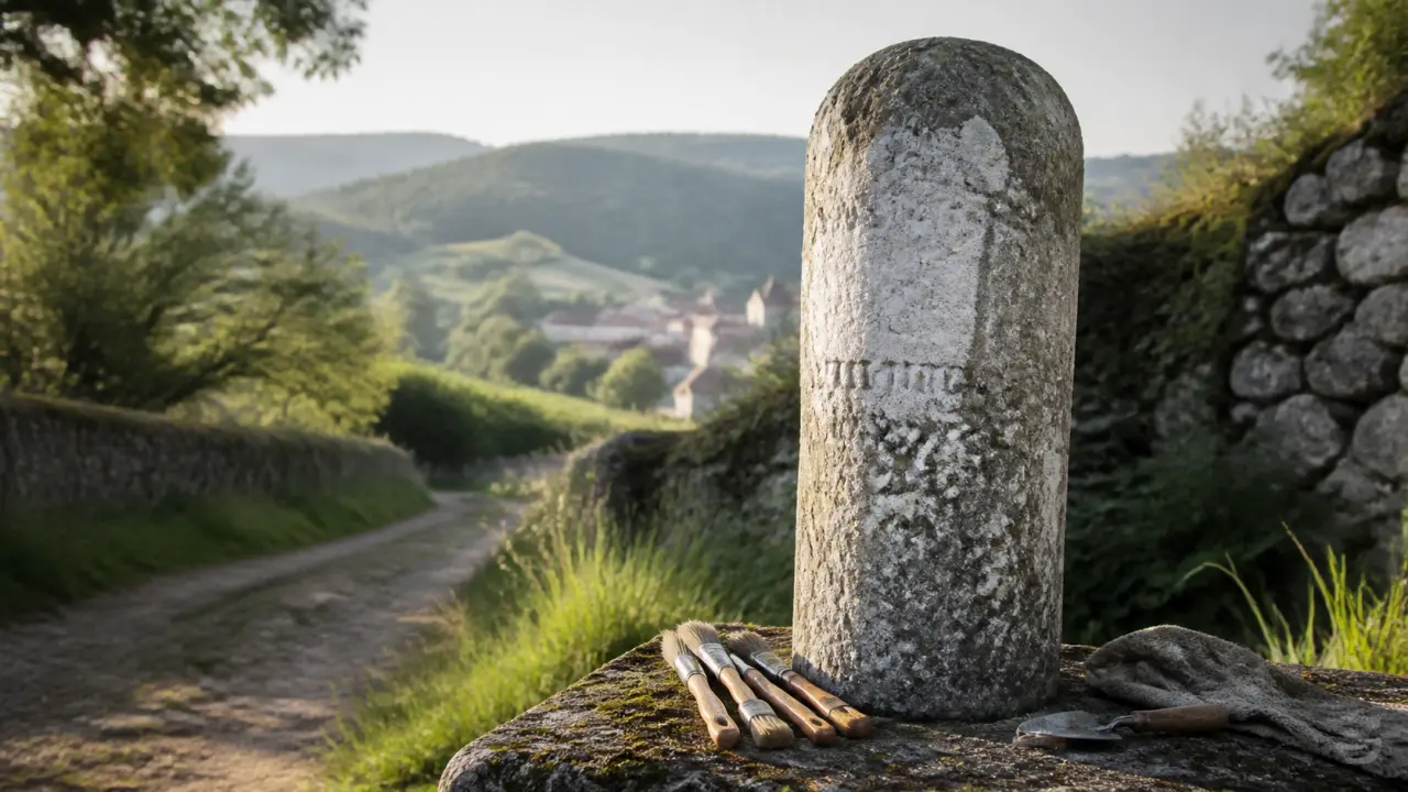 Ancienne borne milliaire restaurée au bord d’un chemin historique