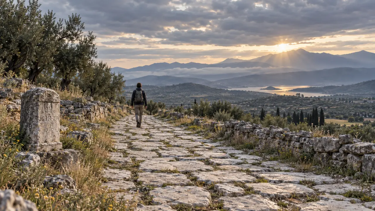 Ancienne voie traversant un paysage montagneux de Grèce