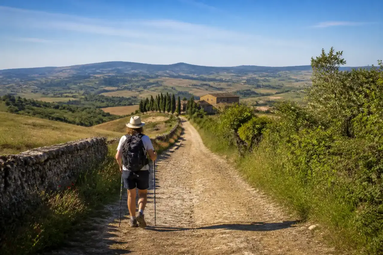 Chemin de pèlerinage traversant un paysage ancien sous une lumière douce